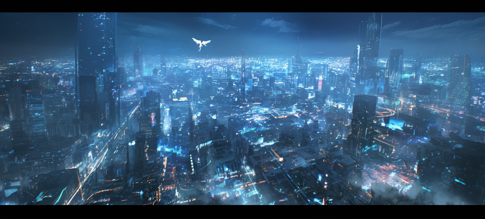 Detailed dystopian cityscape at midnight with glowing angel.