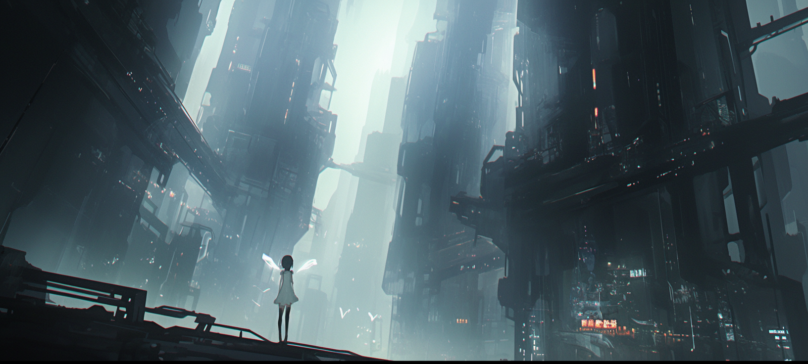 Detailed dystopian cityscape with angelic girl flying above.