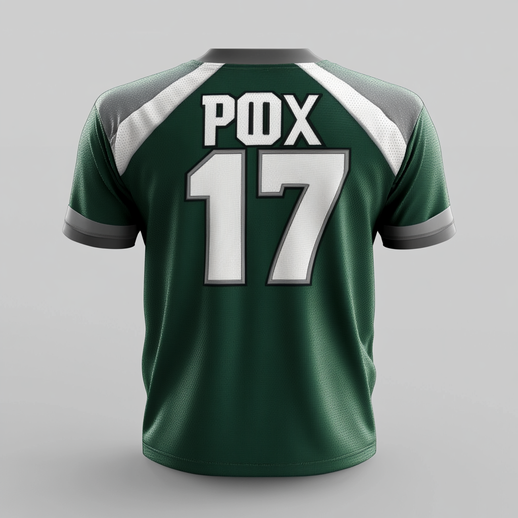 Detailed embroidered sports jersey design with 'POX' and '17', green, gray, white accents.