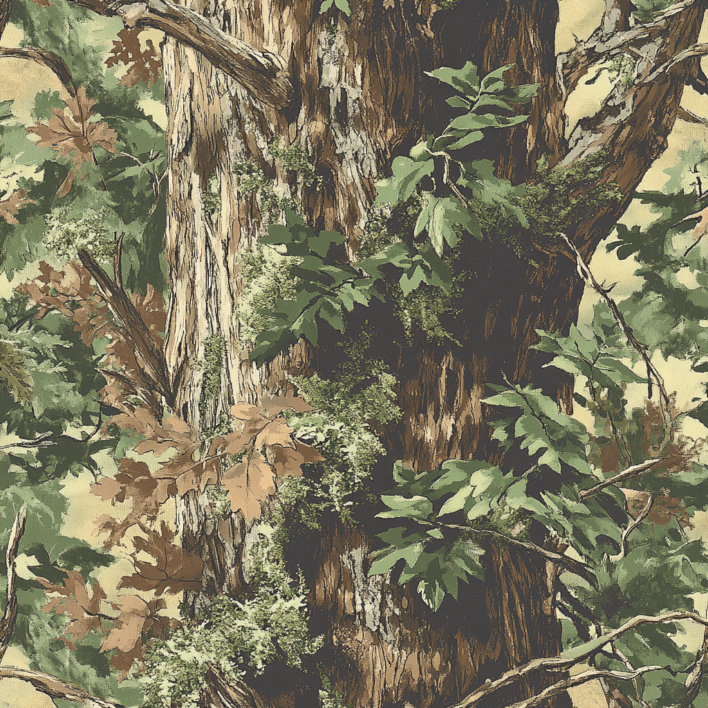 Detailed forest camouflage pattern with deep greens and browns.