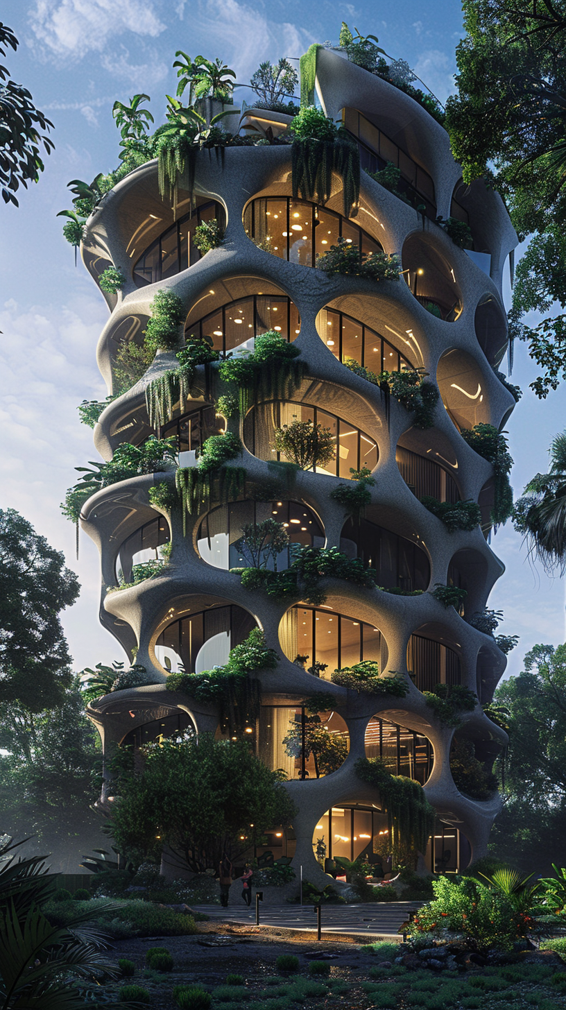 Detailed futuristic building with honeycomb shape surrounded by plants.