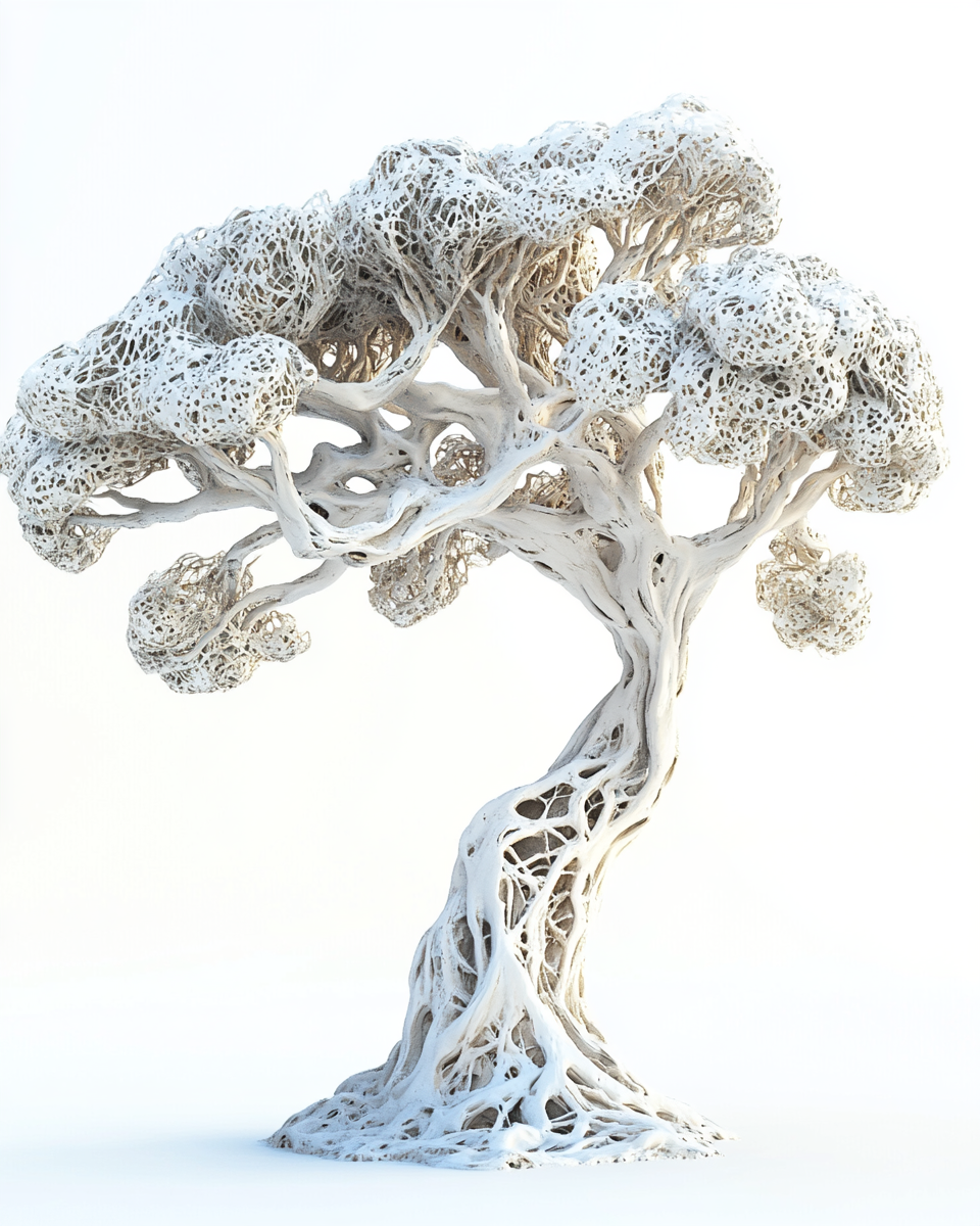 Detailed futuristic tree on white background with realistic lighting.