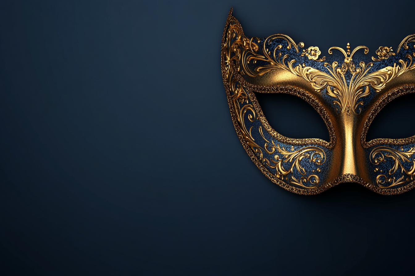 Detailed golden masquerade mask on dark blue background.