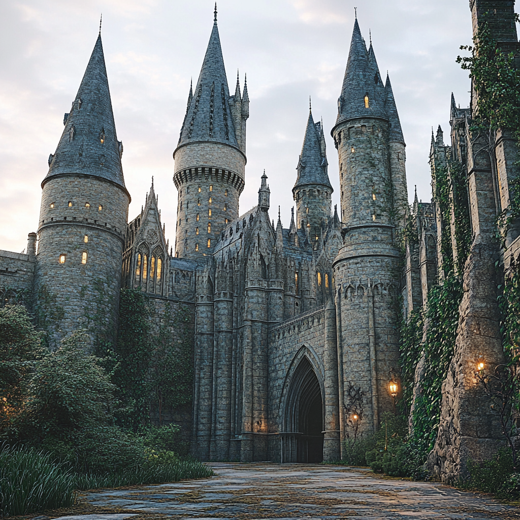 Detailed high-res image showcases Hogwarts Castle's grandiose medieval architecture.