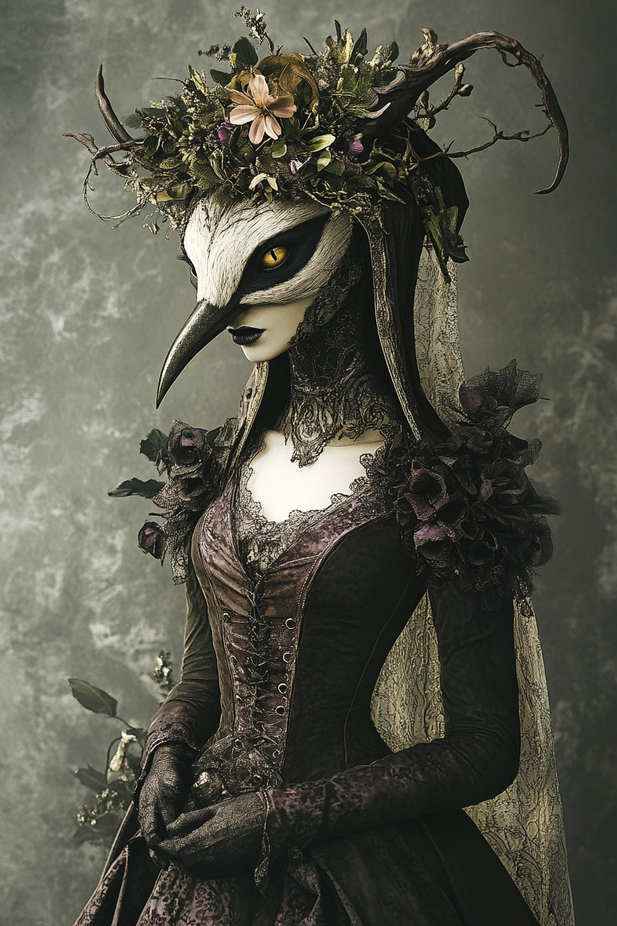 Detailed illustration of female witch creature, complex and elegant.