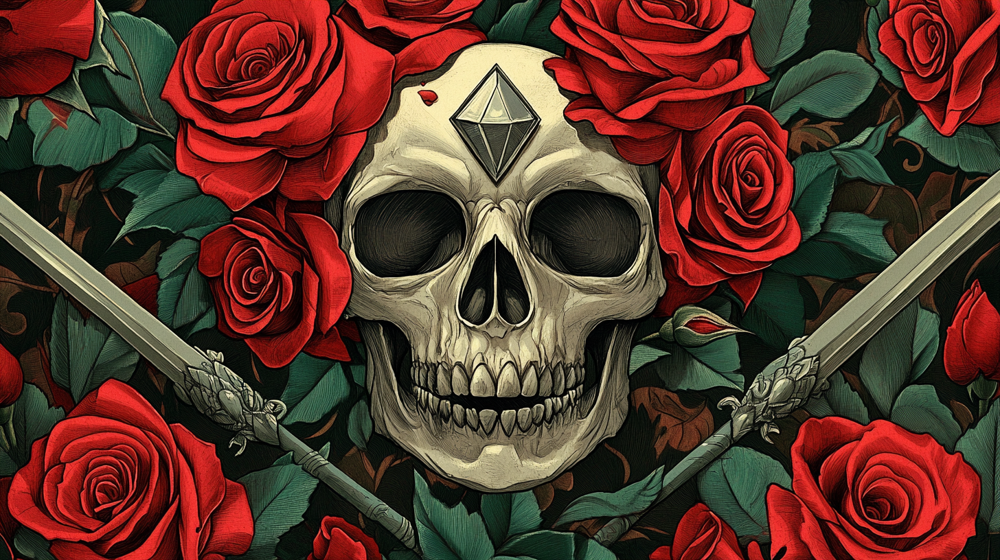 Detailed illustration of skull with red roses and swords.