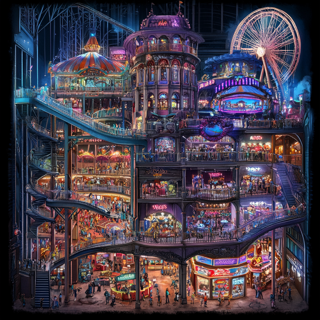 Detailed illustration of vibrant mega amusement park