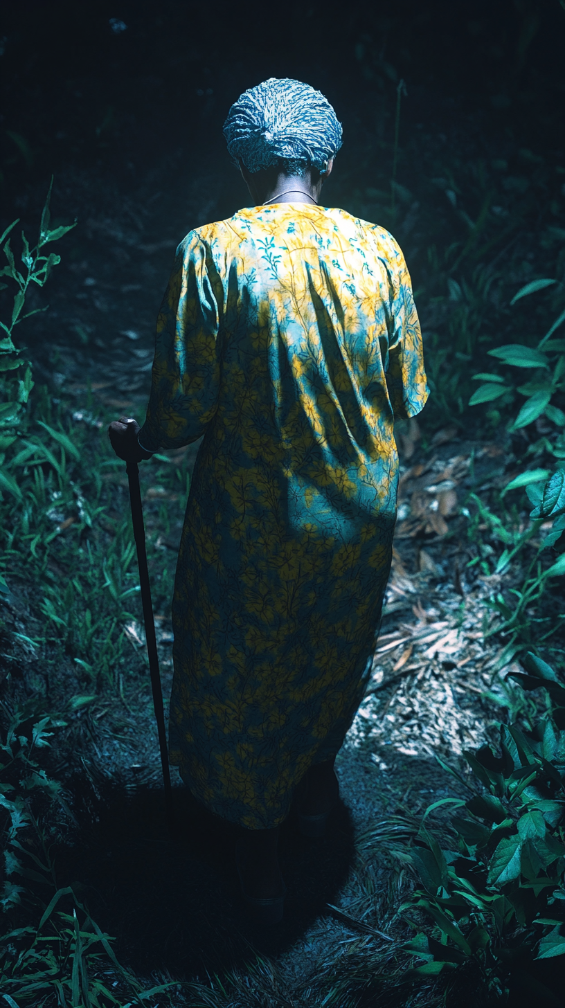 Detailed image of elderly Nigerian woman in forest at night.