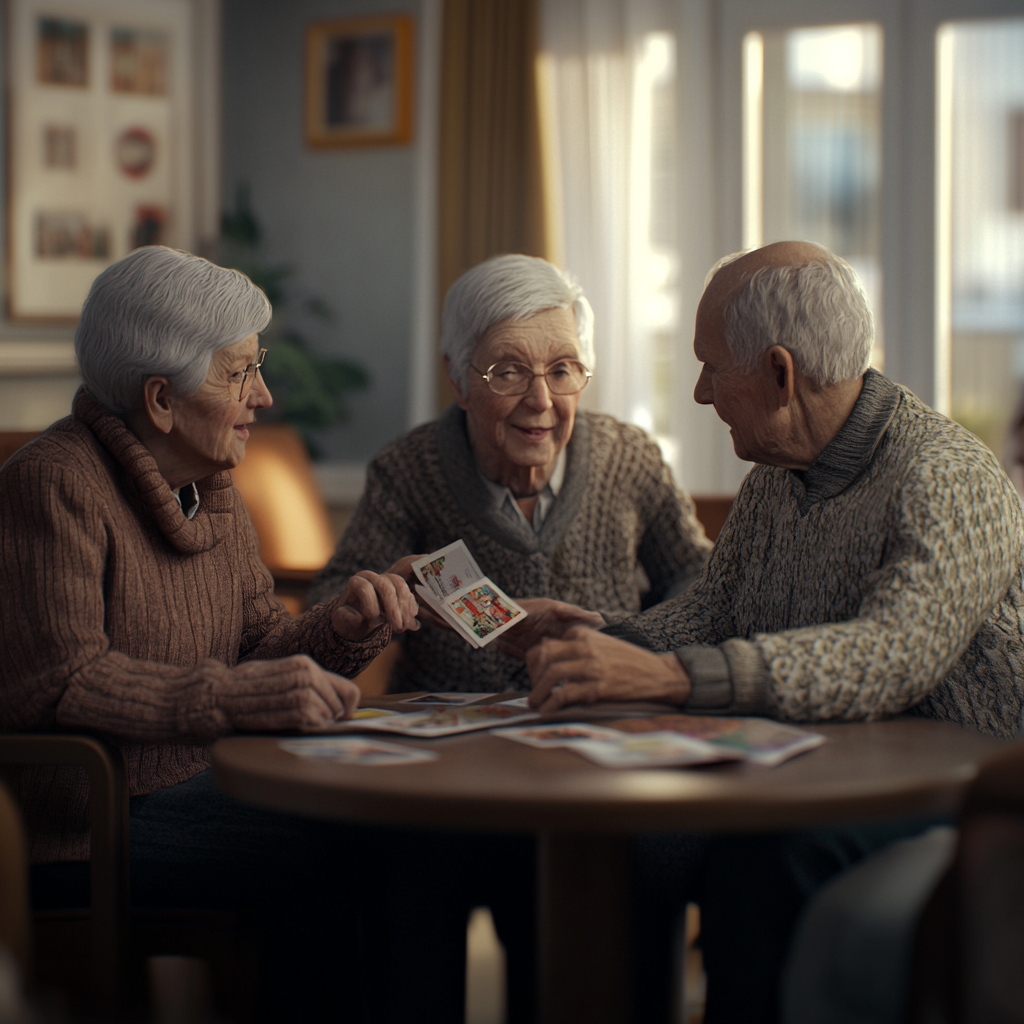 Detailed image of elderly care home residents interacting.