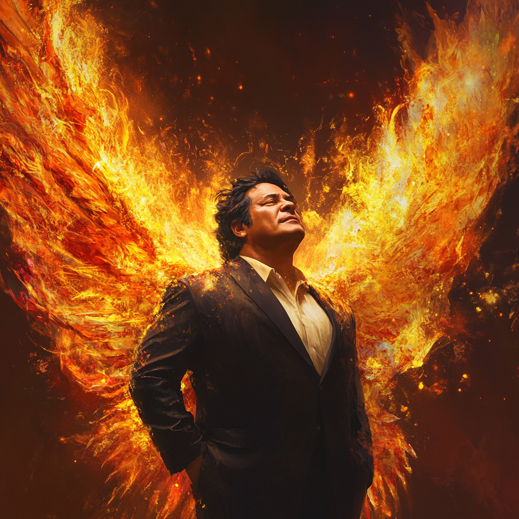 Detailed image of man resembling Juan Gabriel, fiery wings.