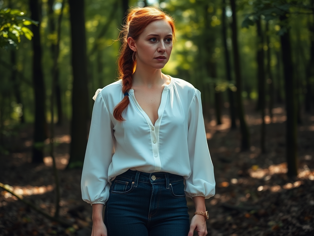 Detailed image of red-haired woman in forest. Muddy boots.