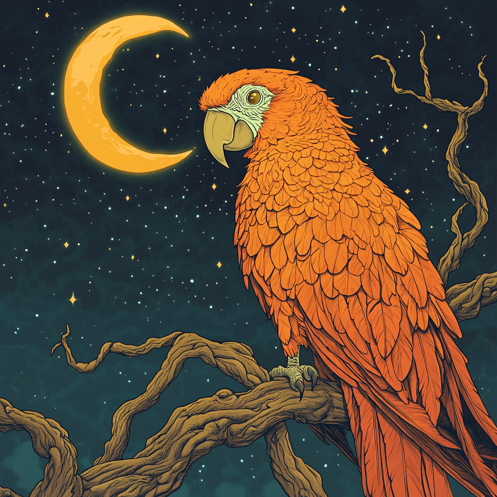 Detailed magical illustration focus on majestic orange parrot.