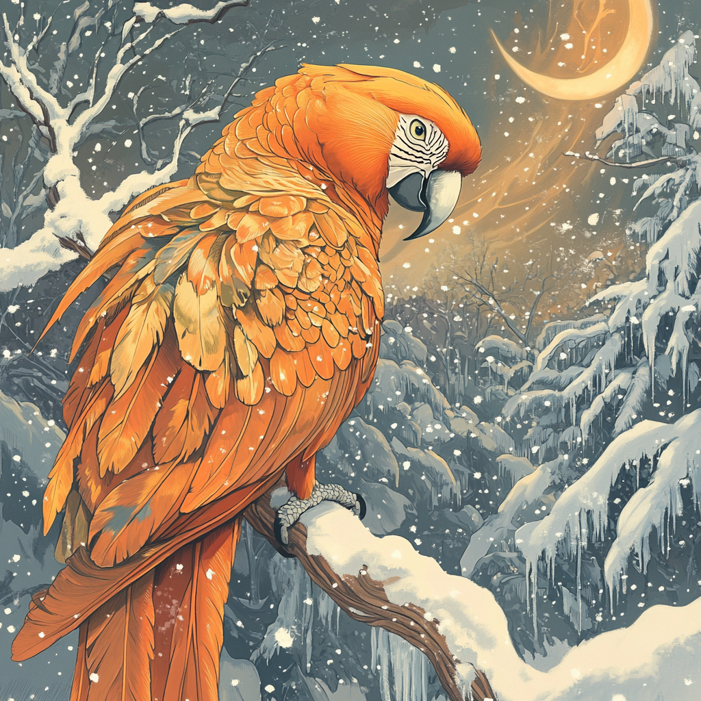 Detailed magical illustration of majestic orange parrot in winter.