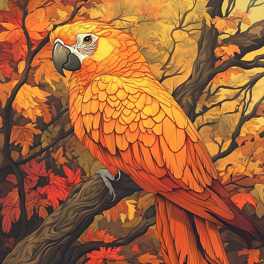 Detailed magical illustration of orange parrot in autumn landscape.