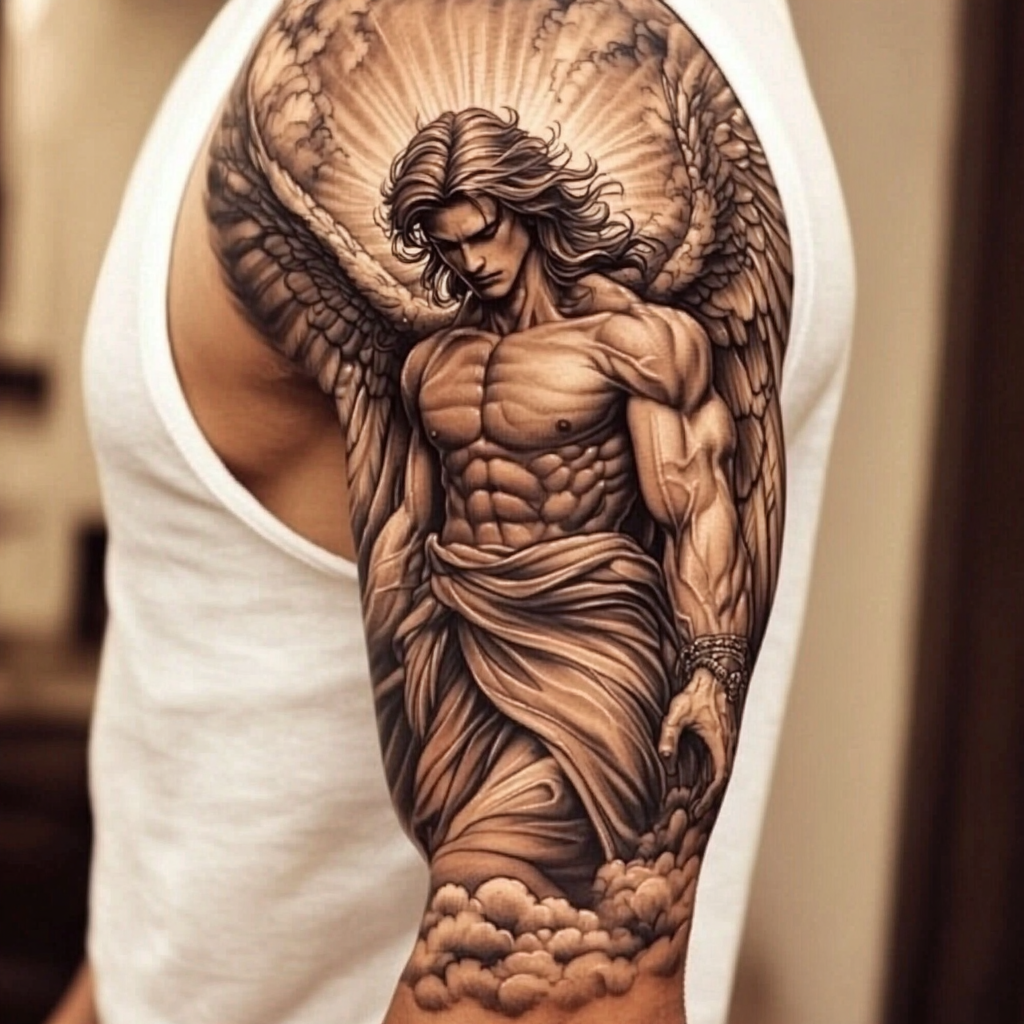 Detailed male guardian angel tattoo with majestic wings.