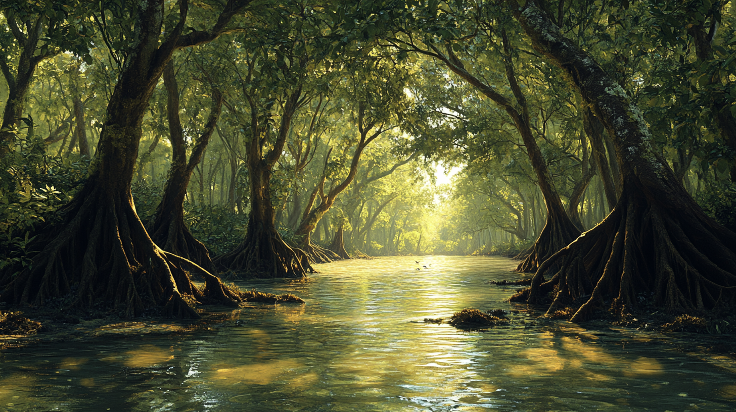 Detailed mangrove forest landscape with towering trees and wildlife.