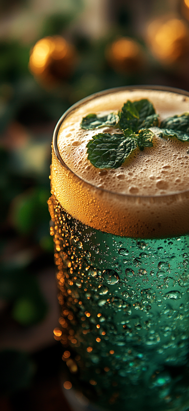 Detailed mint green beer foam with droplets on glass.