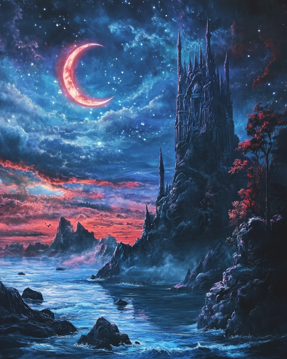 Detailed nebula clouds, red and blue, fantasy tower, ocean.