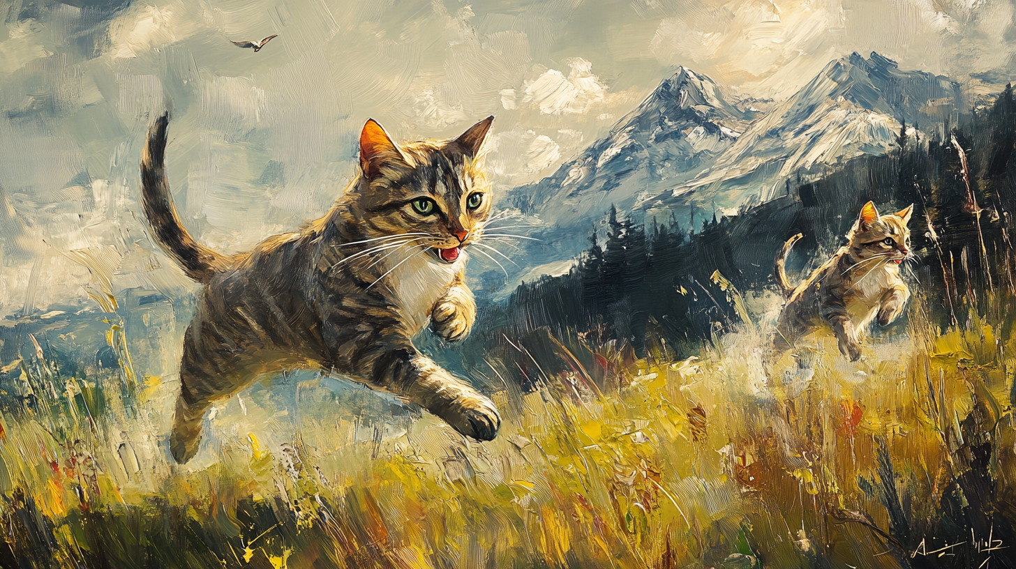 Detailed painting of cats on grass field with mountains.