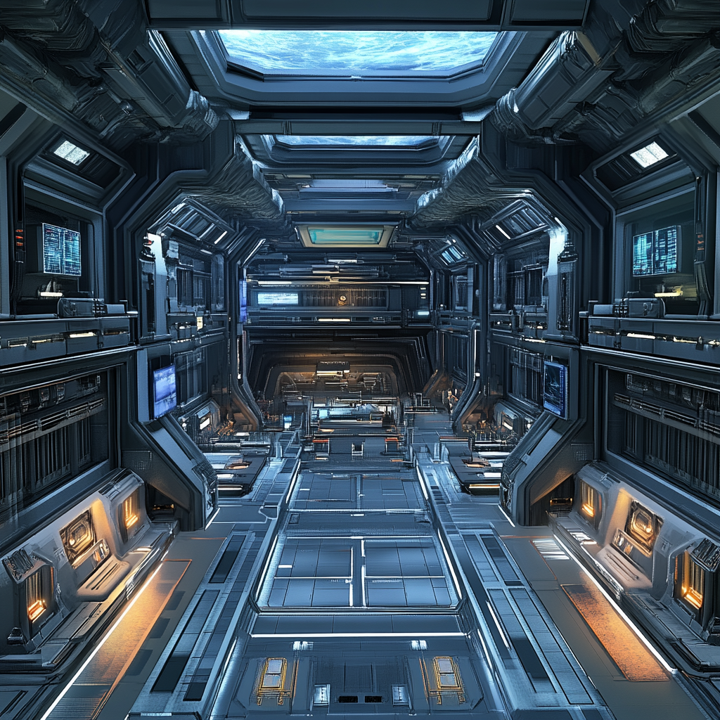 Detailed panoramic image of futuristic space colony interior.