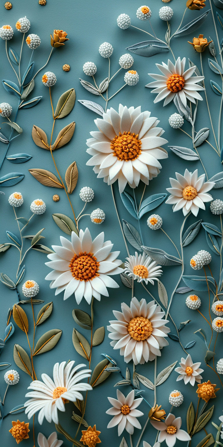 Detailed pattern of daisy flowers on light blue background.