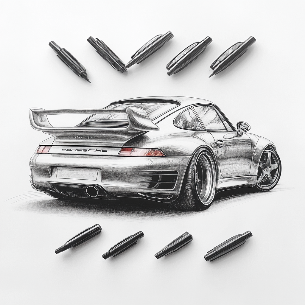 Detailed pencil drawing of realistic Porsche 993 Turbo