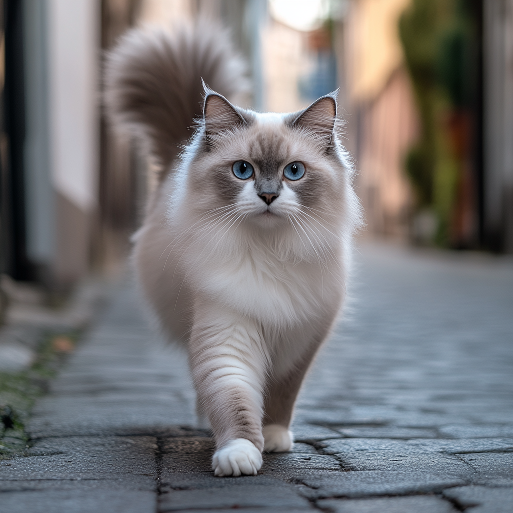 Detailed photo of Ragdoll cat in city setting.