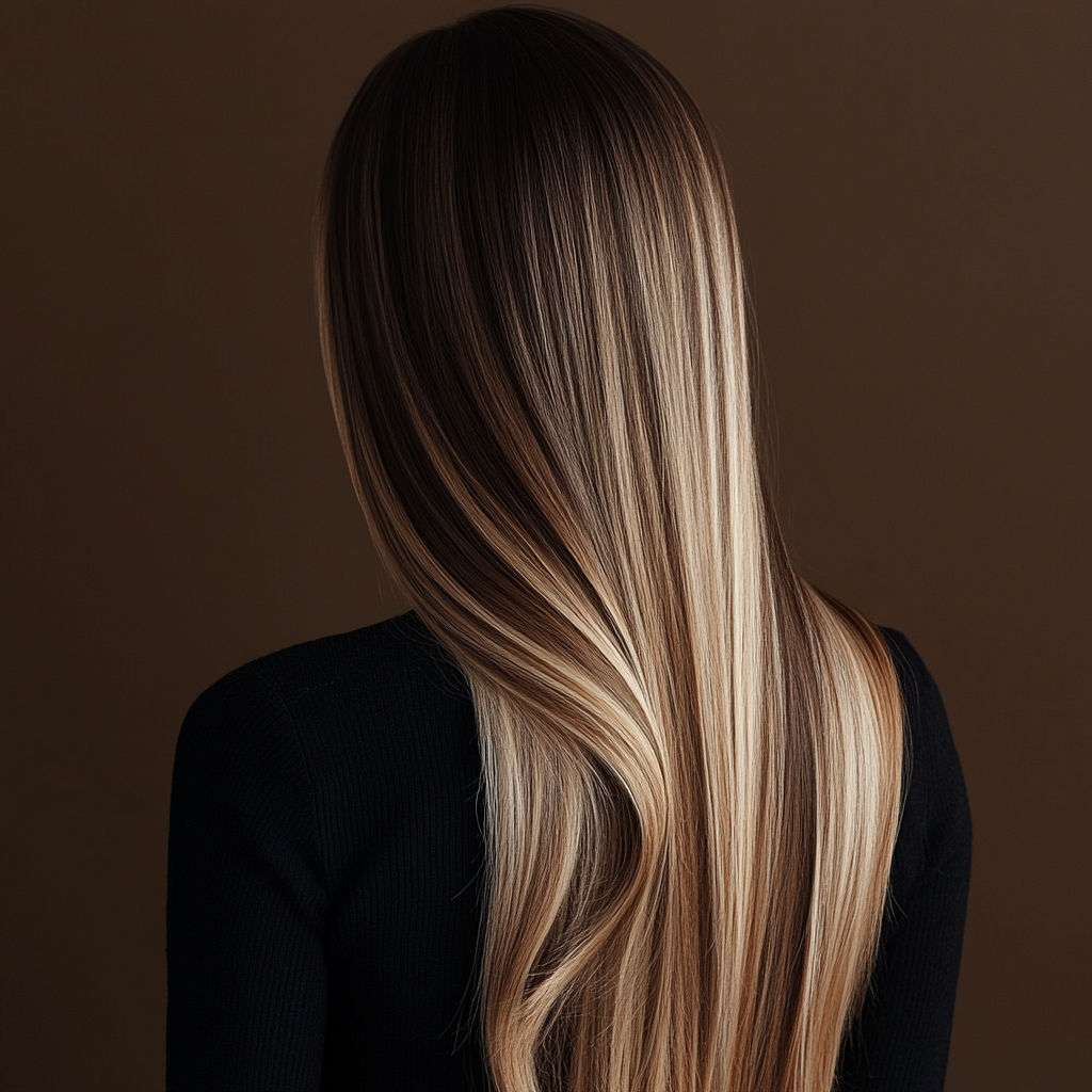 Detailed photo of long, styled hairstyle with highlights