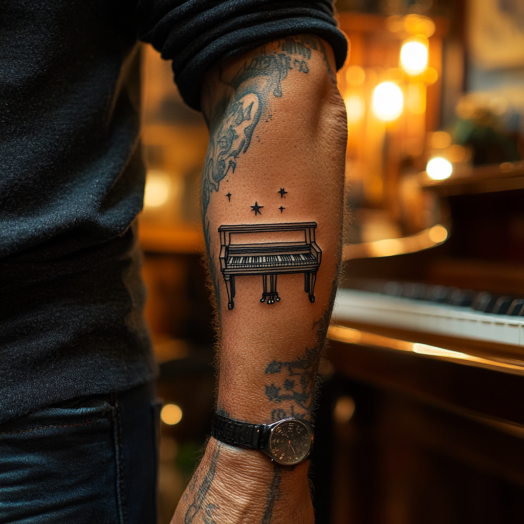 Detailed photo of piano tattoo using natural lighting.