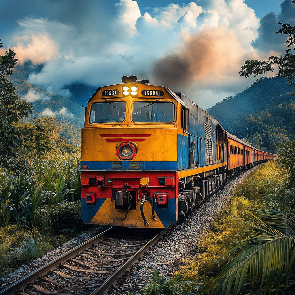 Detailed photo of train locomotive with cargo in landscape.