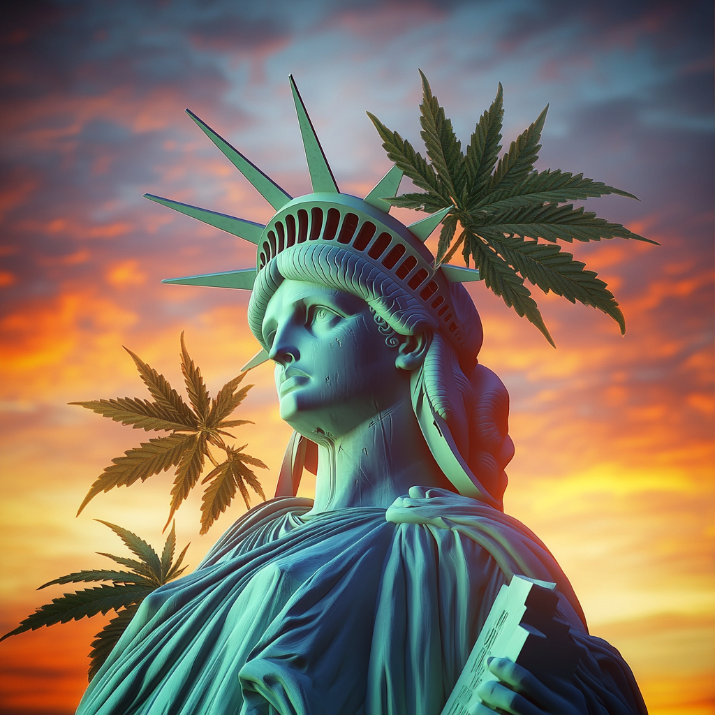 Detailed photograph of Statue of Liberty with cannabis crown.