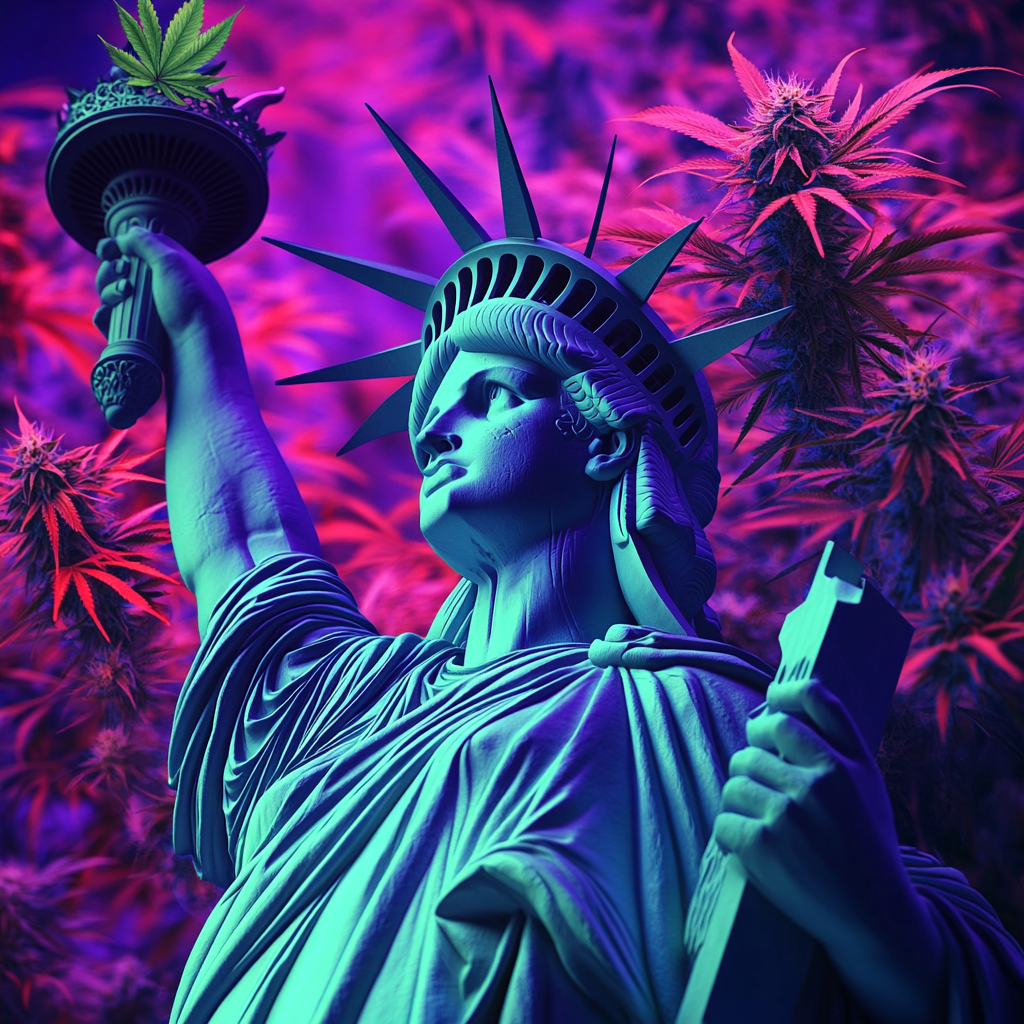 Detailed photograph of Statue of Liberty with cannabis leaf.