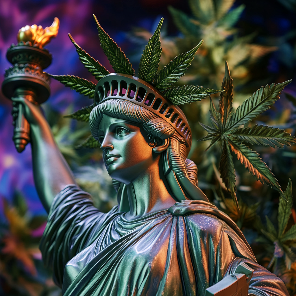 Detailed photograph of Statue of Liberty with cannabis theme.