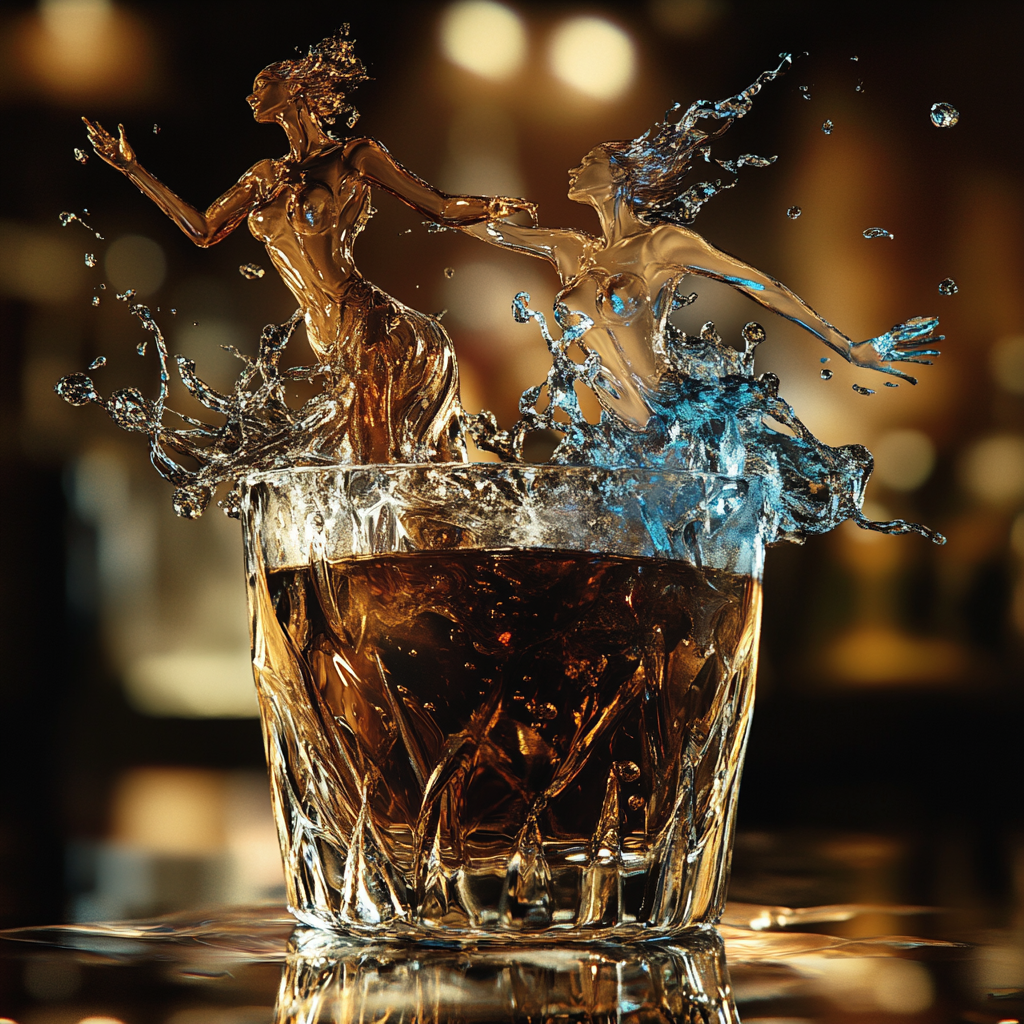 Detailed photograph of whiskey tumbler with ice art.