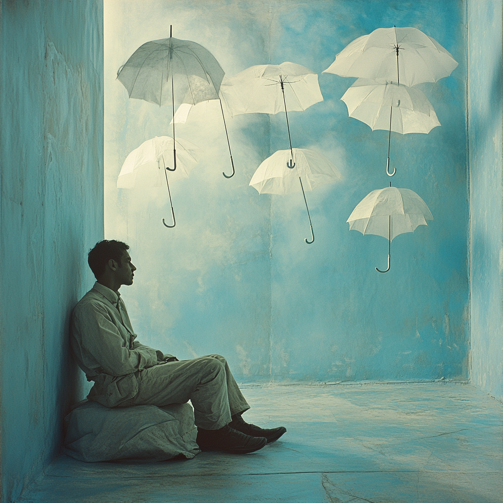 Detailed photography of guy in blue room with umbrellas.