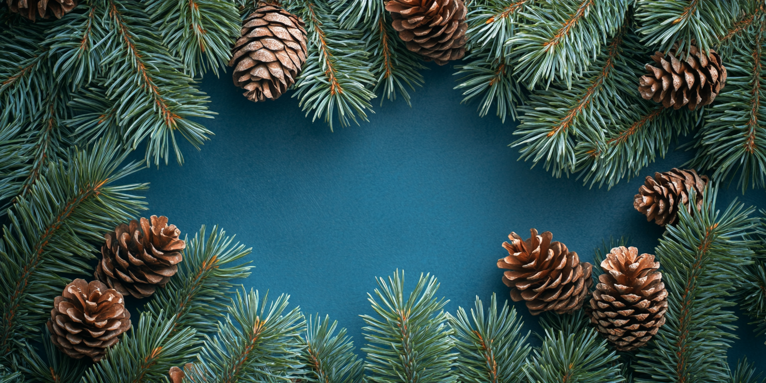 Detailed pine tree branches with blue background.