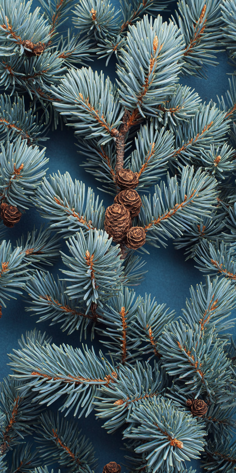 Detailed pine tree branches with natural texture on blue background.