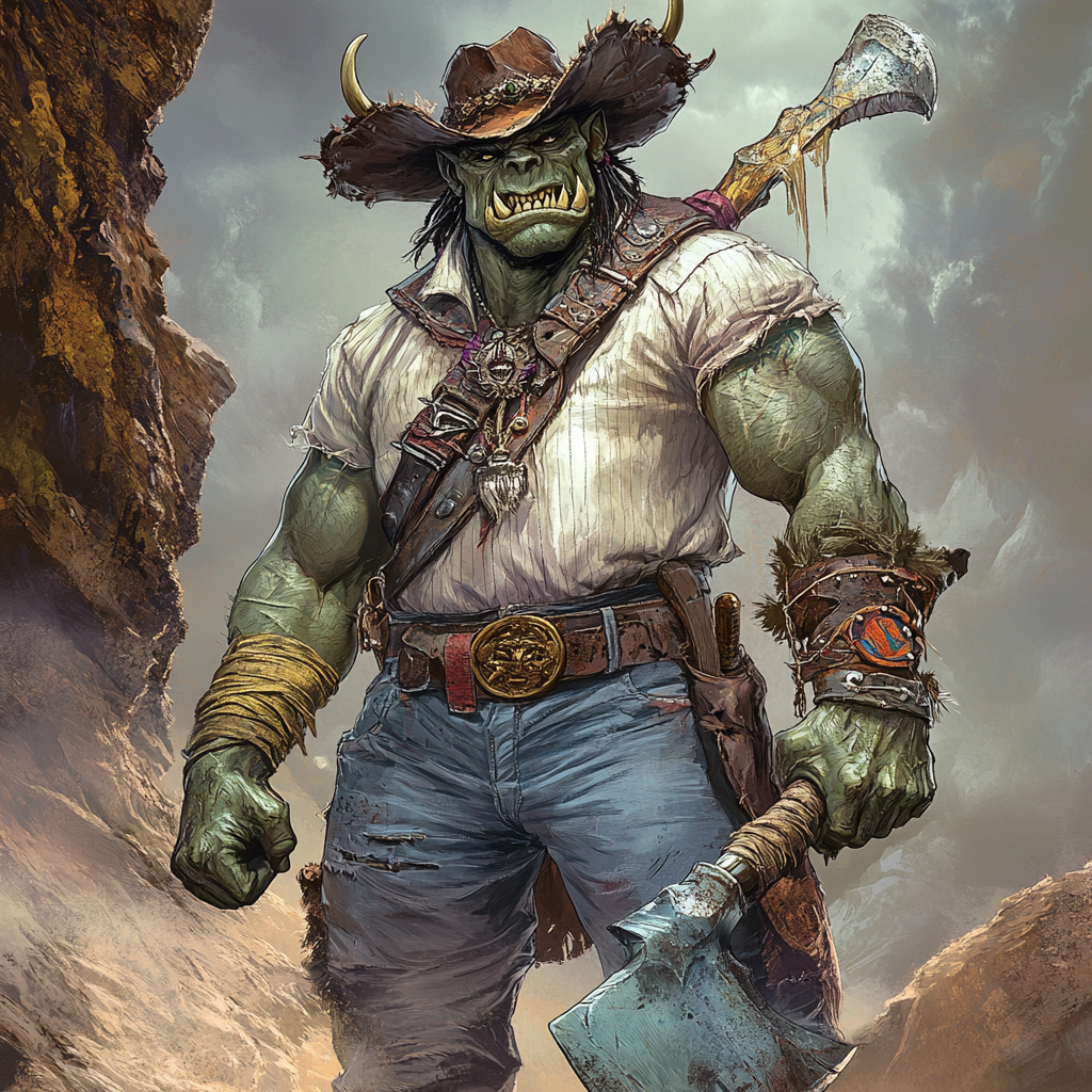 Detailed portrait of 7-foot-tall half-orc warrior on misty mountain.