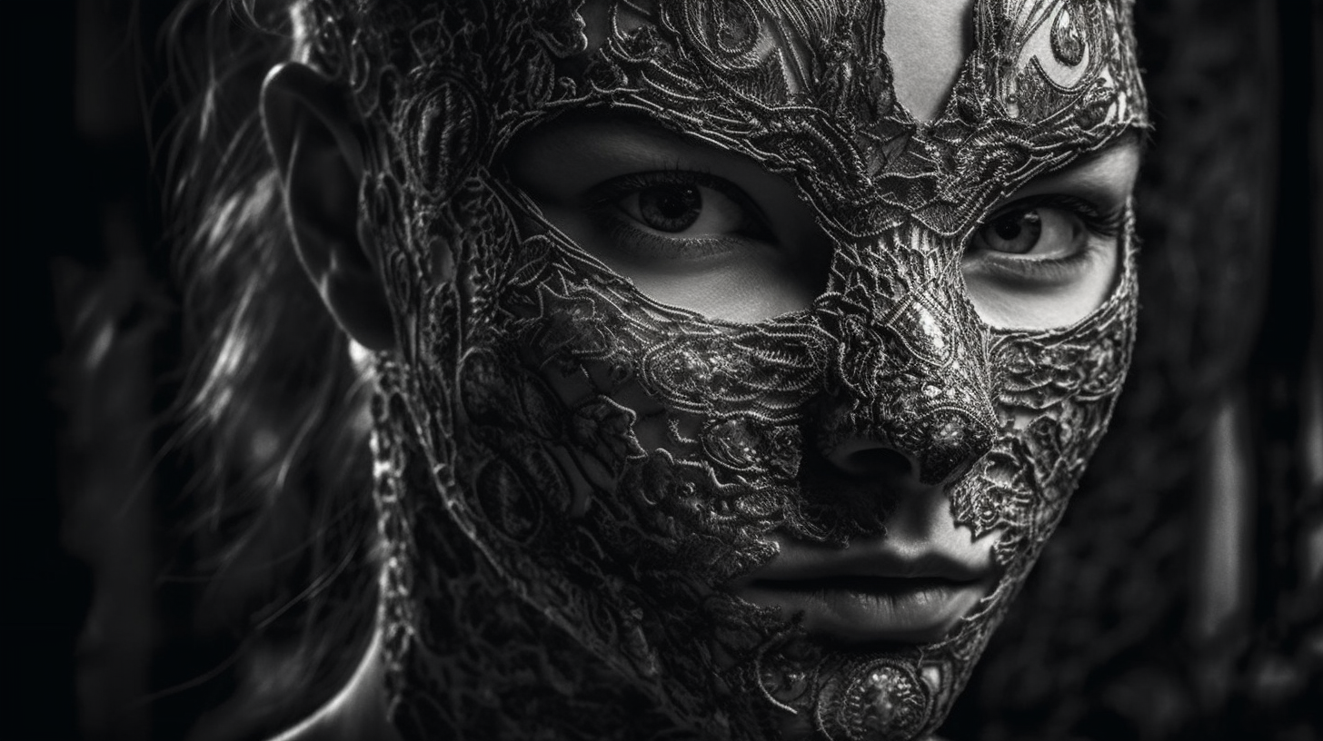 Detailed portrait of woman in lace cat mask, intense eyes.