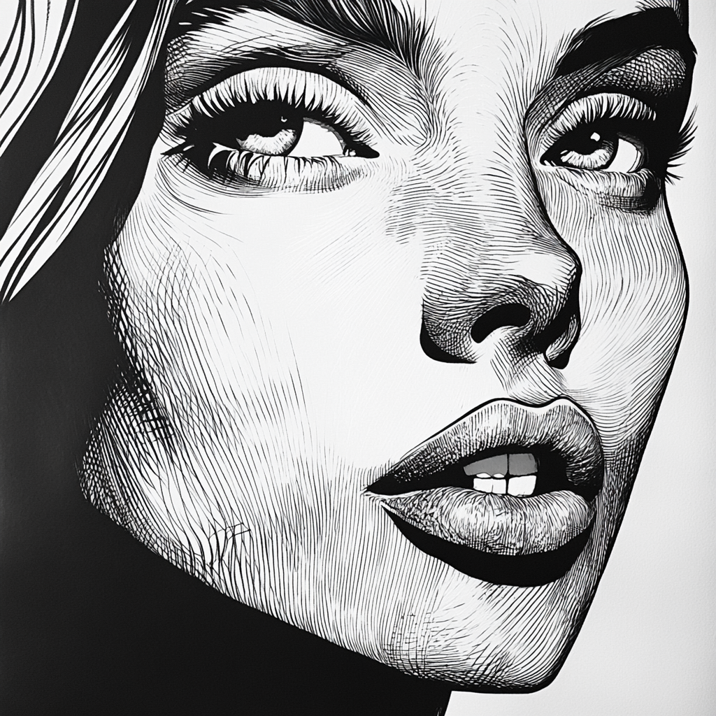 Detailed portrait of woman with bold lines and shading.