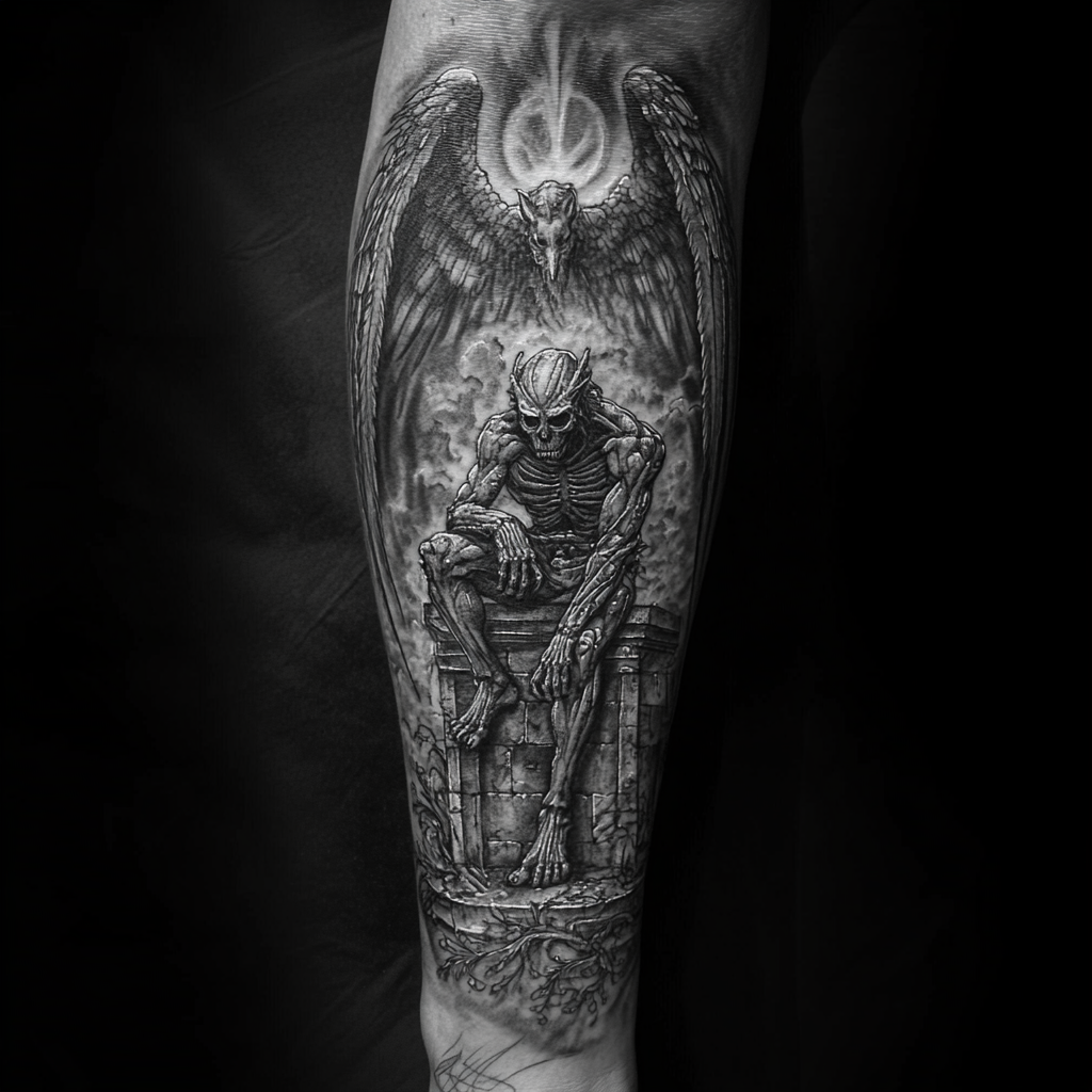 Detailed realistic arm sleeve tattoo of guardian gargoyle and Angel of Death in serene, symbolic scene