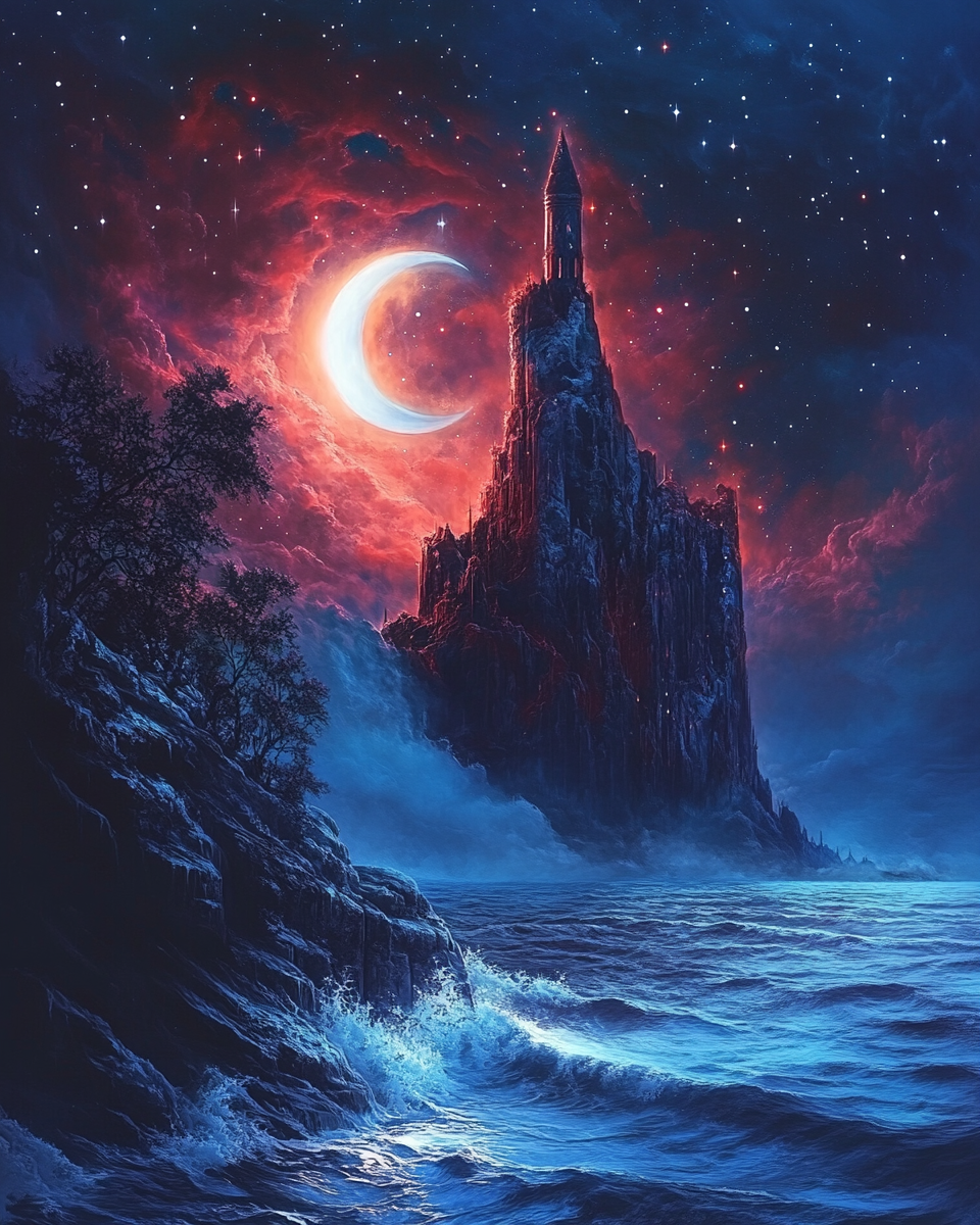 Detailed red and blue nebula clouds, fantasy tower, crescent moon.