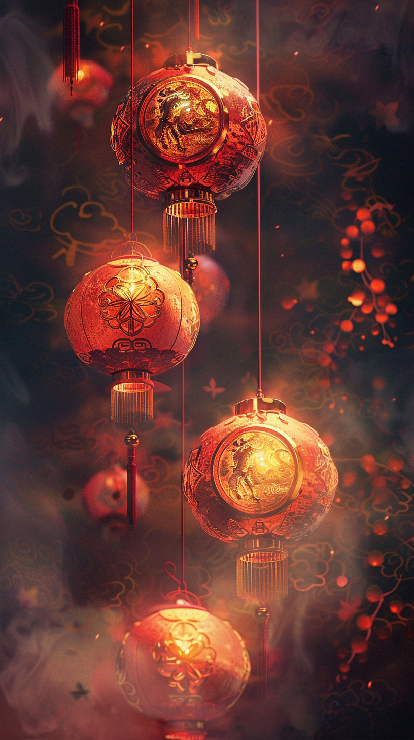 Detailed scene of Chinese lanterns glowing softly, elegant atmosphere