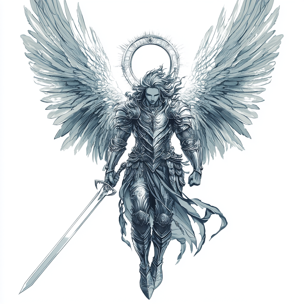 Detailed tattoo design of Archangel Michael symbolizes strength.