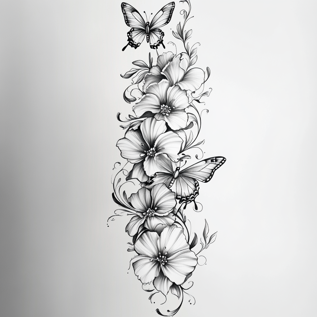 Detailed tattoo design with flowers and butterflies in motion.