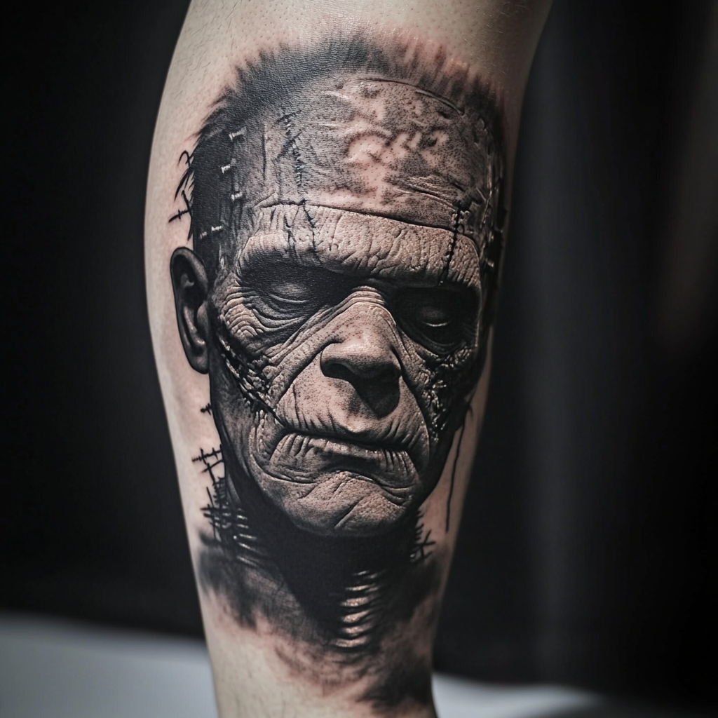 Detailed tattoo of Frankenstein's monster, sorrowful yet intense expression.