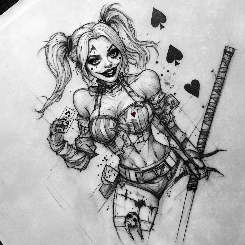 Detailed tattoo of Harley Quinn in jester outfit.