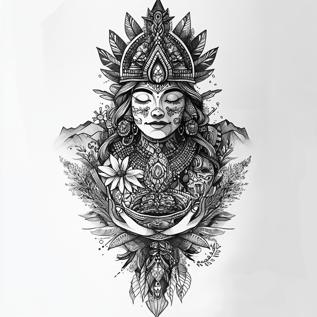 Detailed tattoo representing Pachamama, Andean goddess with natural elements.