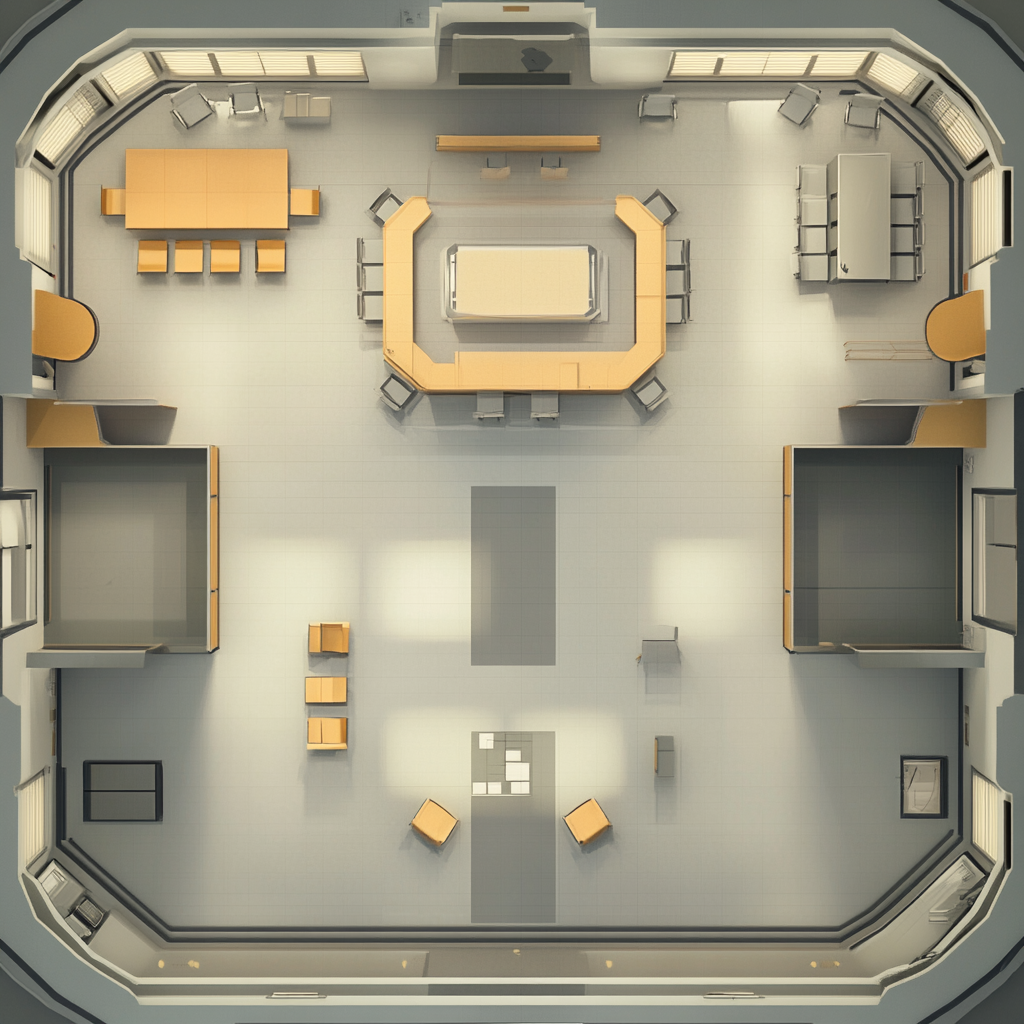 Detailed top-down map of modern research facility interior