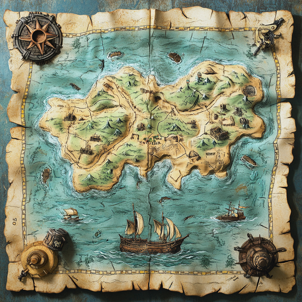 Detailed treasure map also a board game to find secret treasure beneath ocean. Incorporating cutaway drawing of sunken ship.